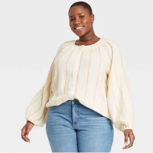 ⬇️Ava & Viv Cream & Yellow Striped Long Sleeve Button Down Top - Picture 1 of 7